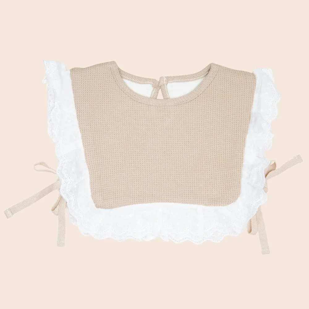Tan Waffle Knit Eyelet Lace Ruffle Bib Top with Side Ties and Back Button